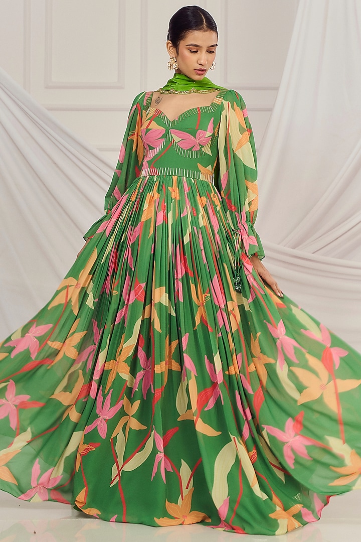 Leaf Green Georgette Floral Printed & Salli Embroidered Anarkali Set by Harshita Singhvi at Pernia's Pop Up Shop