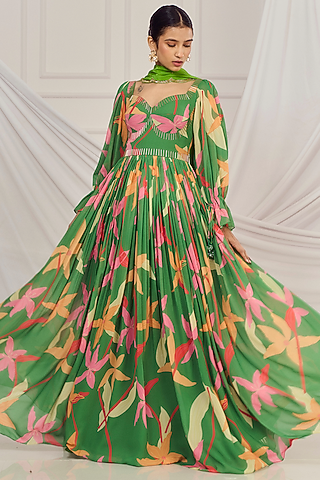 Leaf Green Georgette Floral Printed & Salli Embroidered Anarkali Set by Harshita Singhvi