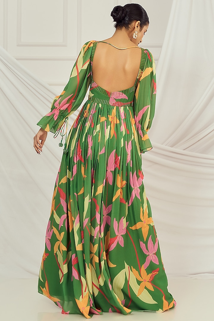 Leaf Green Georgette Floral Printed & Salli Embroidered Wedding Anarkali Set by Harshita Singhvi at Pernia's Pop Up Shop