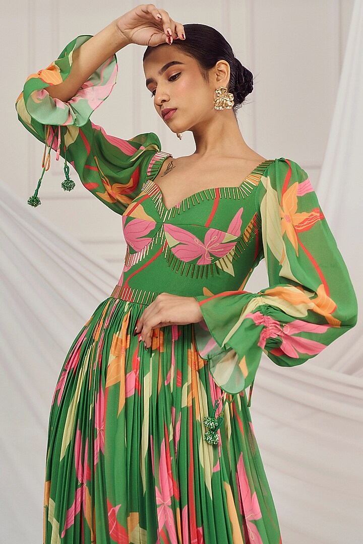 Leaf Green Georgette Floral Printed & Salli Embroidered Wedding Anarkali Set by Harshita Singhvi at Pernia's Pop Up Shop
