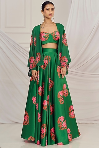 Dark Green Satin Silk Floral Printed Jacket Lehenga Set by Harshita Singhvi