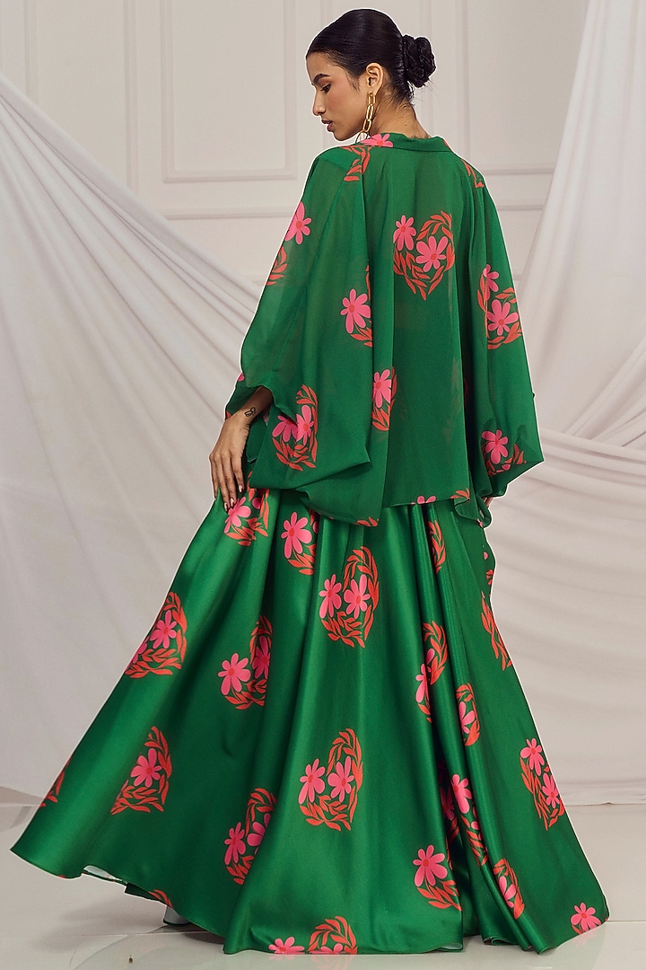 Dark Green Satin Silk Floral Printed Jacket Wedding Lehenga Set by Harshita Singhvi at Pernia's Pop Up Shop