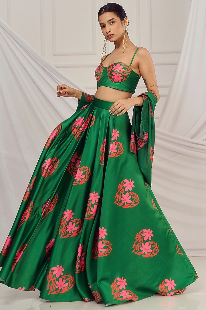 Dark Green Satin Silk Floral Printed Jacket Wedding Lehenga Set by Harshita Singhvi at Pernia's Pop Up Shop