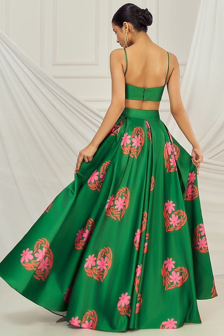 Dark Green Satin Silk Floral Printed Jacket Wedding Lehenga Set by Harshita Singhvi at Pernia's Pop Up Shop
