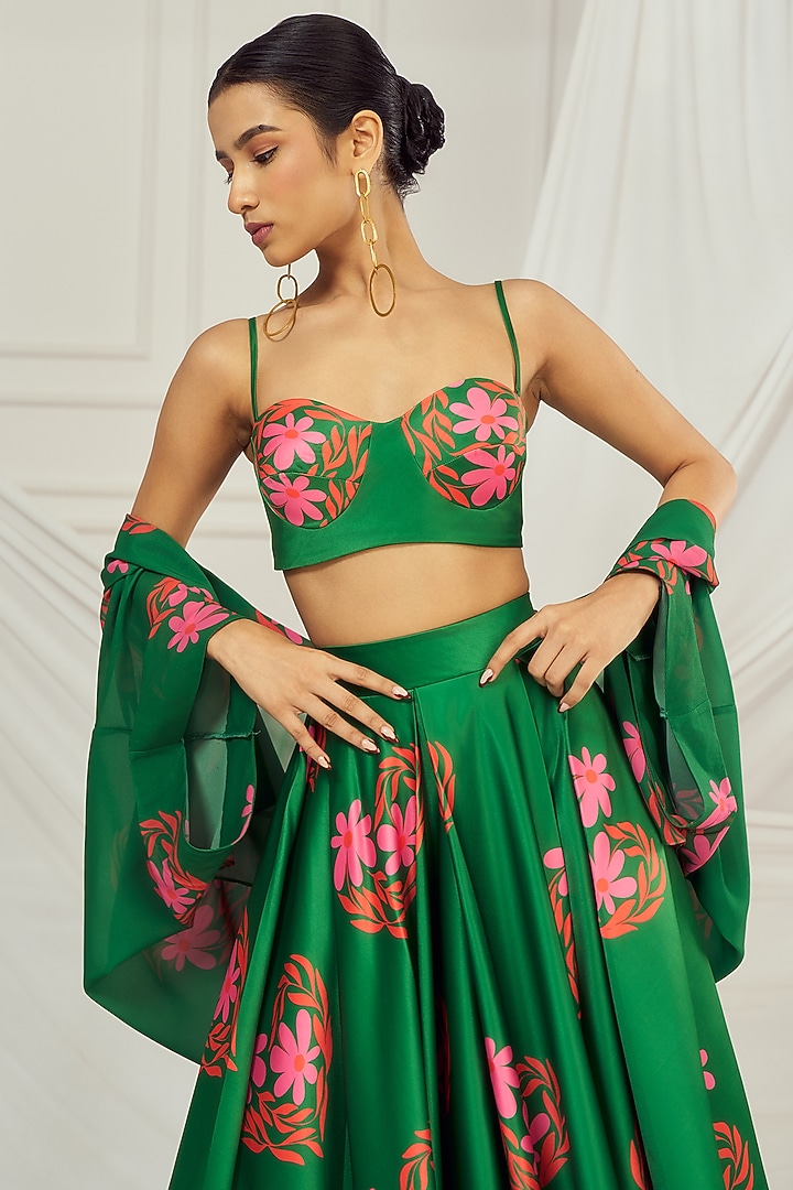 Dark Green Satin Silk Floral Printed Jacket Wedding Lehenga Set by Harshita Singhvi at Pernia's Pop Up Shop