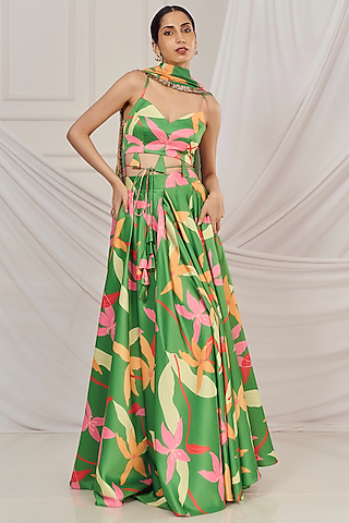 Leaf Green Satin Silk Floral Printed Lehenga Set by Harshita Singhvi