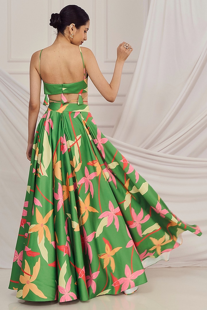 Leaf Green Satin Silk Floral Printed Wedding Lehenga Set by Harshita Singhvi at Pernia's Pop Up Shop