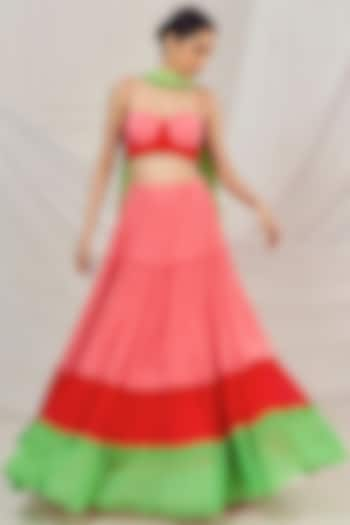 Baby Pink & Green Chinon Tiered Wedding Lehenga Set by Harshita Singhvi at Pernia's Pop Up Shop