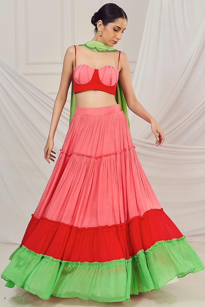 Baby Pink & Green Chinon Tiered Wedding Lehenga Set by Harshita Singhvi at Pernia's Pop Up Shop