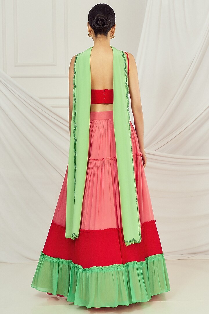 Baby Pink & Green Chinon Tiered Wedding Lehenga Set by Harshita Singhvi at Pernia's Pop Up Shop
