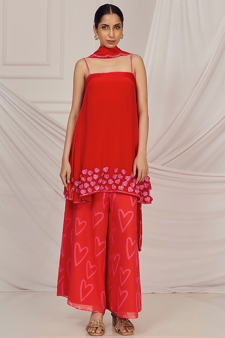 Red Georgette Palazzo Pant Set by Harshita Singhvi at Pernia's Pop Up Shop