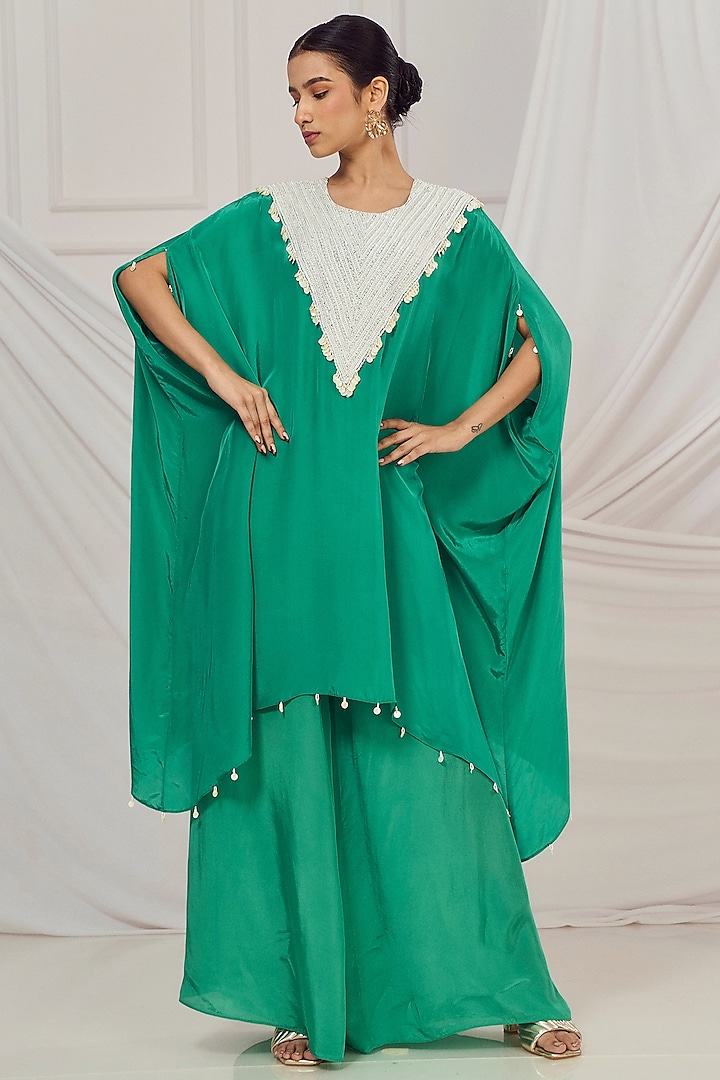 Rama Green Crepe Pearl Embroidered Kaftan Set by Harshita Singhvi at Pernia's Pop Up Shop