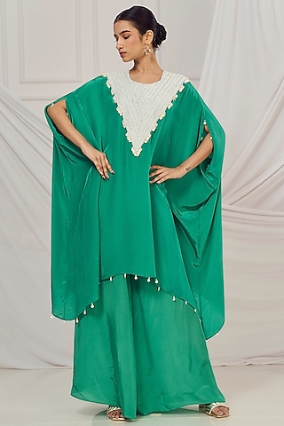 Rama Green Crepe Pearl Embroidered Kaftan Set by Harshita Singhvi