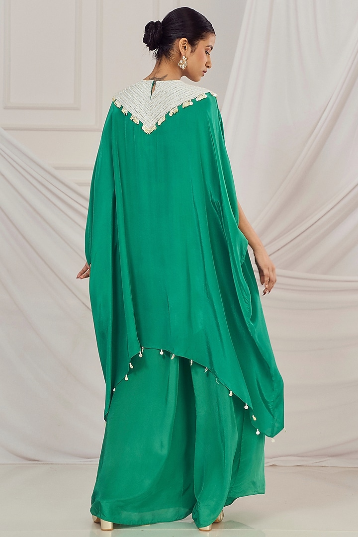 Rama Green Crepe Pearl Embroidered Kaftan Set by Harshita Singhvi at Pernia's Pop Up Shop