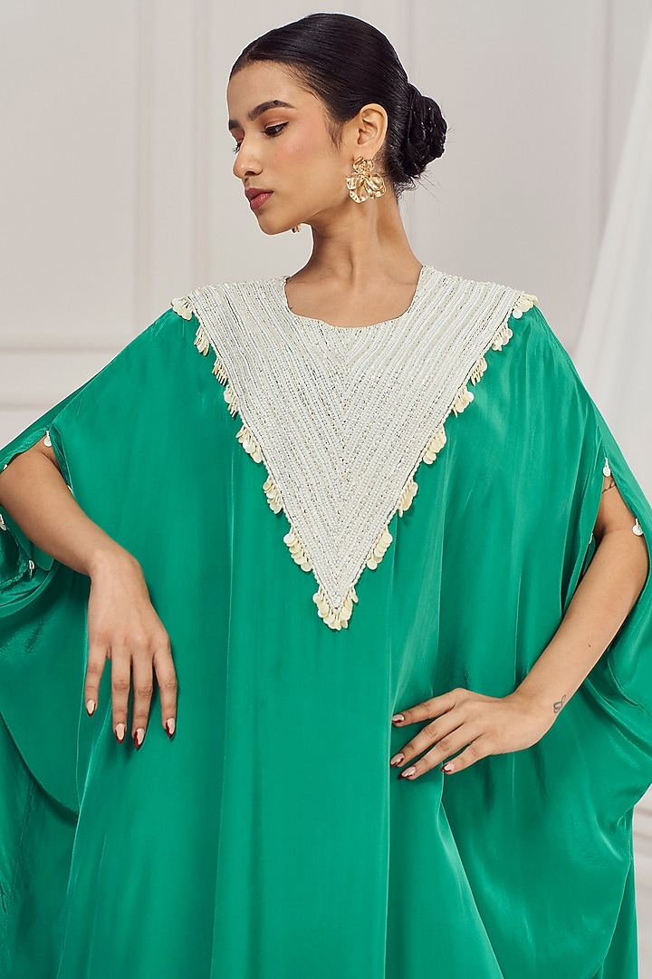 Rama Green Crepe Pearl Embroidered Kaftan Set by Harshita Singhvi at Pernia's Pop Up Shop