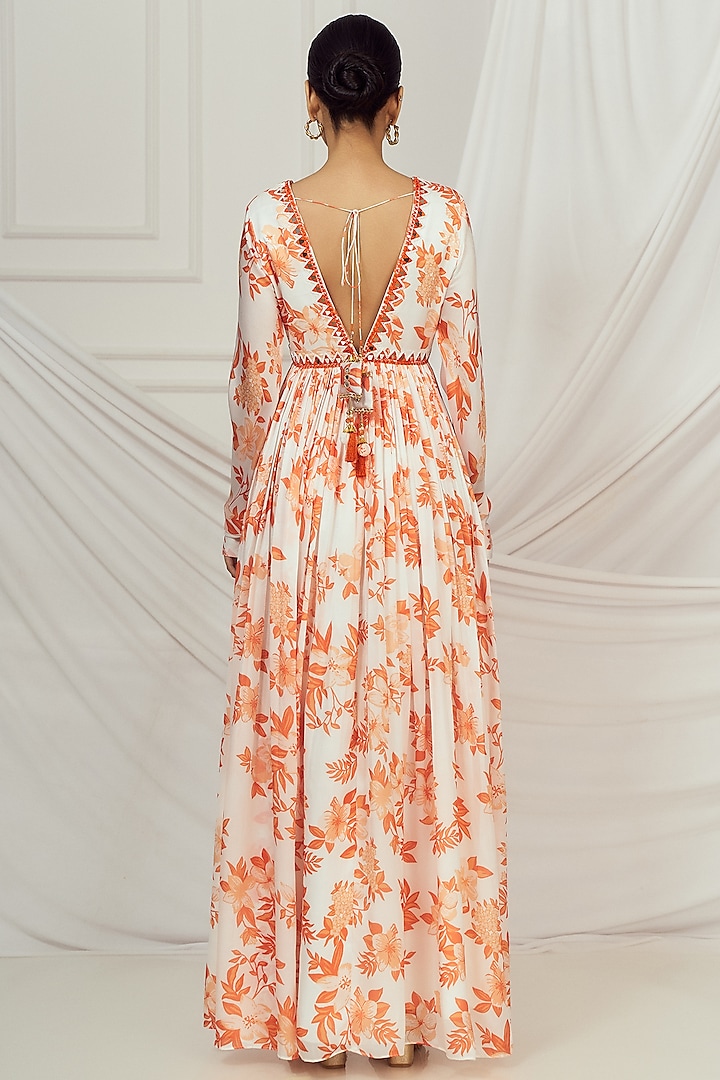 White & Burnt Orange Georgette Printed Wedding Anarkali Set by Harshita Singhvi at Pernia's Pop Up Shop