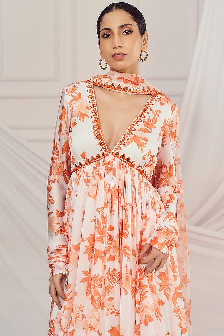 White & Burnt Orange Georgette Printed Wedding Anarkali Set by Harshita Singhvi at Pernia's Pop Up Shop