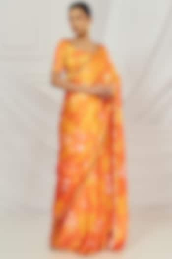 Yellow & Orange Satin Silk Floral Printed Saree Set by Harshita Singhvi at Pernia's Pop Up Shop