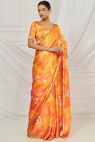 Yellow & Orange Satin Silk Floral Printed Saree Set by Harshita Singhvi