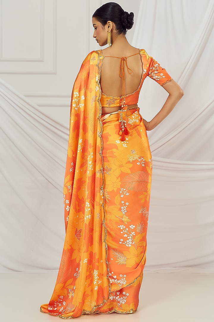 Yellow & Orange Satin Silk Floral Printed Wedding Saree Set by Harshita Singhvi at Pernia's Pop Up Shop