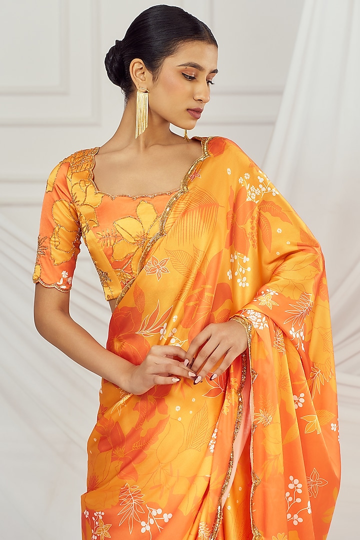 Yellow & Orange Satin Silk Floral Printed Wedding Saree Set by Harshita Singhvi at Pernia's Pop Up Shop