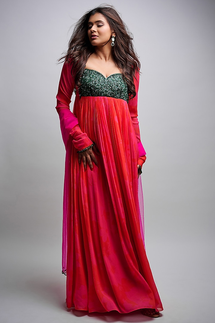 Pink & Red Cutdana Embroidered Georgette Anarkali Set by Harshita Singhvi at Pernia's Pop Up Shop