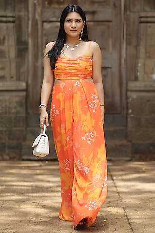 Yellow & Orange Georgette Floral Printed Jumpsuit by Harshita Singhvi