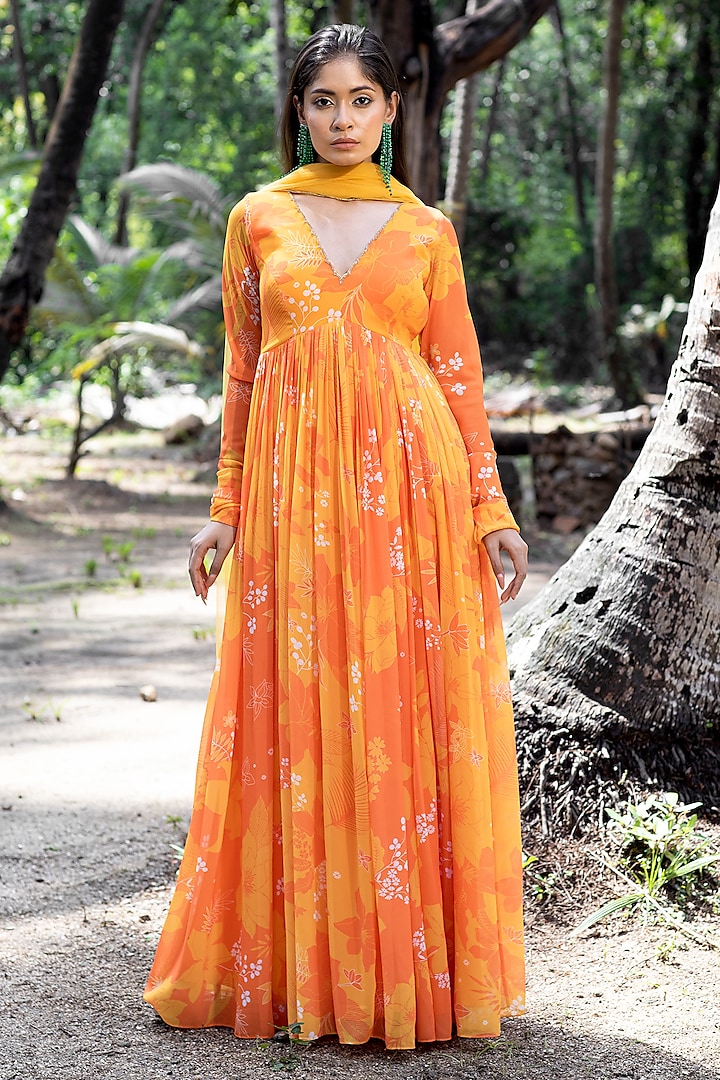 Yellow & Orange Georgette Floral Printed Anarkali Set by Harshita Singhvi at Pernia's Pop Up Shop