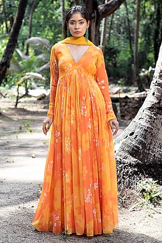 Yellow & Orange Georgette Floral Printed Anarkali Set by Harshita Singhvi