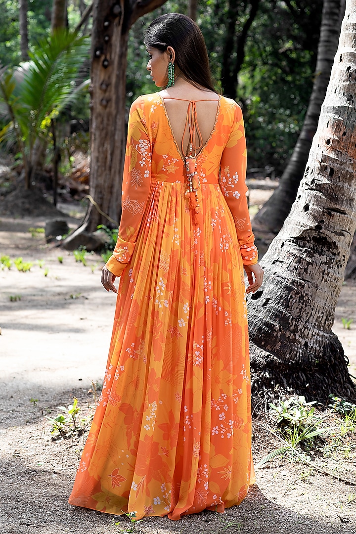 Yellow & Orange Georgette Floral Printed Party Wear Anarkali Set by Harshita Singhvi at Pernia's Pop Up Shop