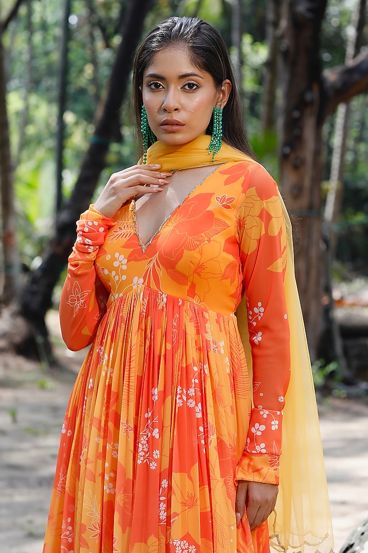 Yellow & Orange Georgette Floral Printed Party Wear Anarkali Set by Harshita Singhvi at Pernia's Pop Up Shop