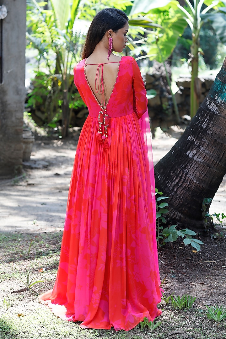 Pink & Red Georgette Floral Printed Party Wear Anarkali Set by Harshita Singhvi at Pernia's Pop Up Shop