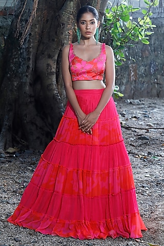 Pink & Red Chinon Floral Printed Tiered Lehenga Set by Harshita Singhvi