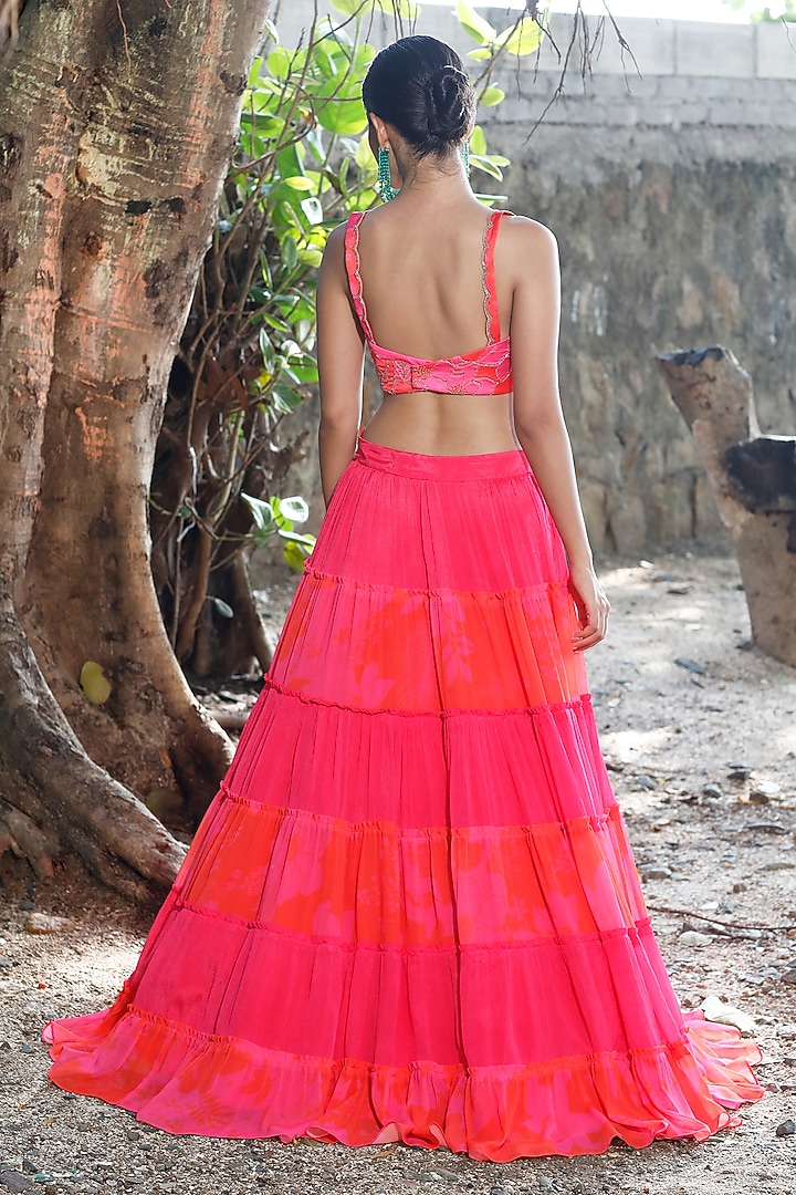Pink & Red Chinon Floral Printed Tiered Wedding Lehenga Set by Harshita Singhvi at Pernia's Pop Up Shop