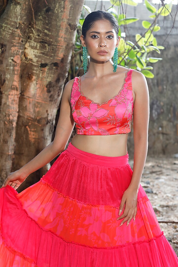 Pink & Red Chinon Floral Printed Tiered Wedding Lehenga Set by Harshita Singhvi at Pernia's Pop Up Shop