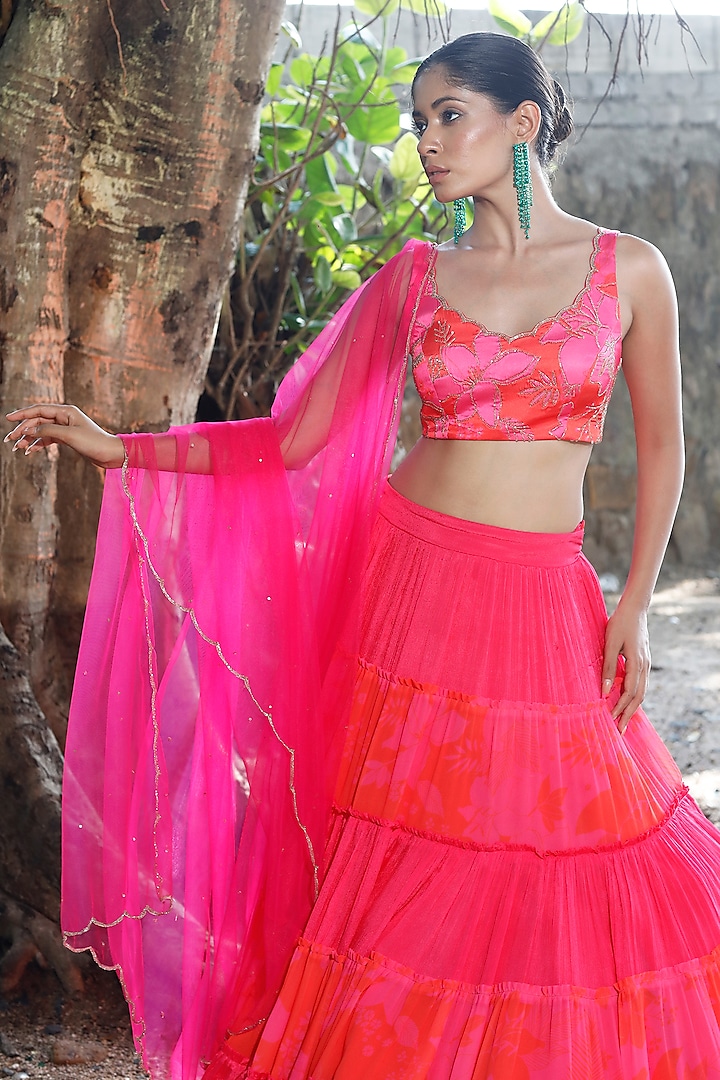 Pink & Red Chinon Floral Printed Tiered Wedding Lehenga Set by Harshita Singhvi at Pernia's Pop Up Shop