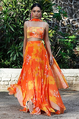 Yellow & Orange Georgette Floral Printed High-Low Skirt Set by Harshita Singhvi