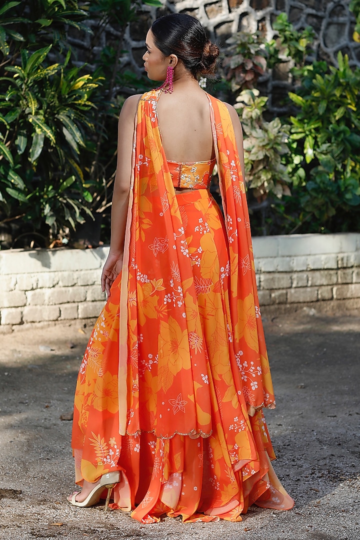 Yellow & Orange Georgette Floral Printed High-Low Skirt Set by Harshita Singhvi at Pernia's Pop Up Shop