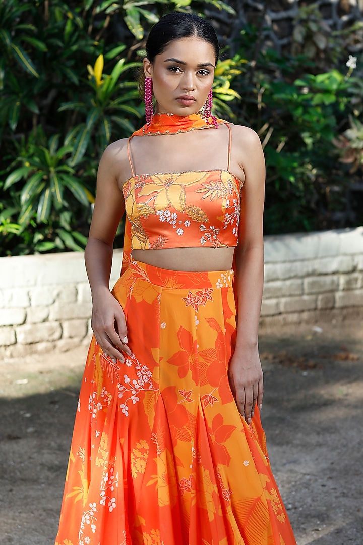 Yellow & Orange Georgette Floral Printed High-Low Skirt Set by Harshita Singhvi at Pernia's Pop Up Shop