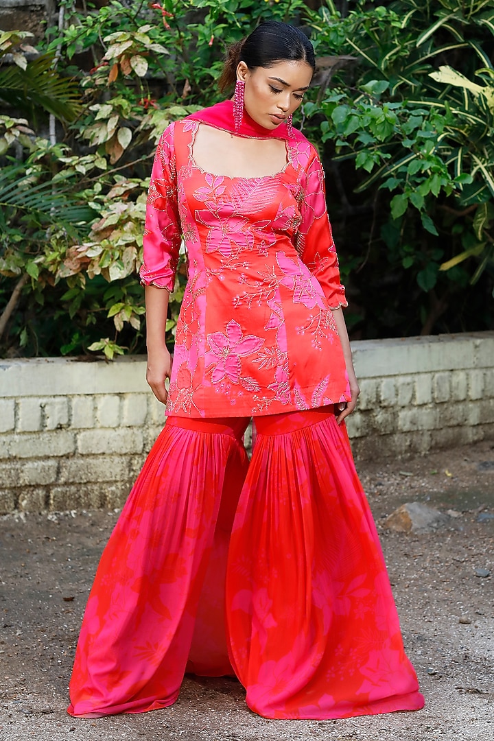 Pink & Red Georgette Floral printed Wedding Sharara Set by Harshita Singhvi at Pernia's Pop Up Shop