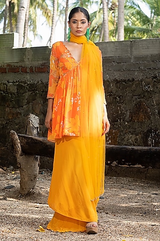 Yellow & Orange Georgette Floral Printed Peplum Kurta Set by Harshita Singhvi