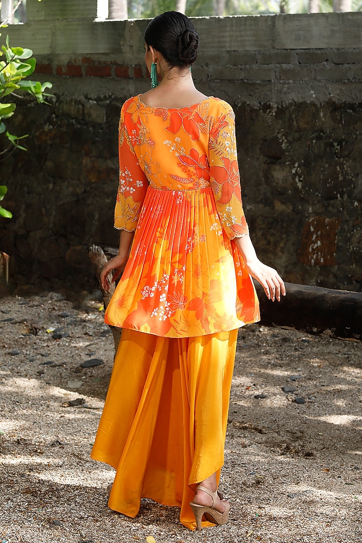 Yellow & Orange Georgette Floral Printed Peplum Kurta Set by Harshita Singhvi at Pernia's Pop Up Shop