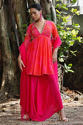 Pink & Red Georgette Floral Printed Peplum Kurta Set by Harshita Singhvi