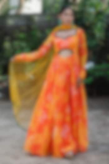 Yellow & Orange Georgette Floral Printed Anarkali Set by Harshita Singhvi at Pernia's Pop Up Shop