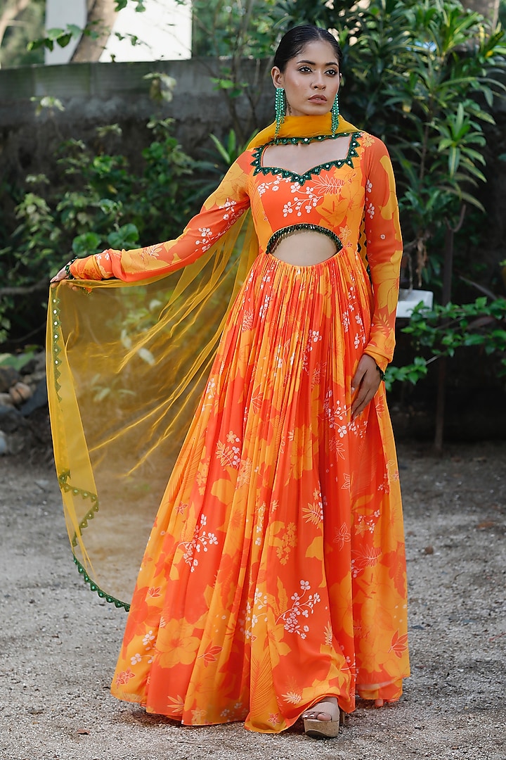 Yellow & Orange Georgette Floral Printed Anarkali Set by Harshita Singhvi at Pernia's Pop Up Shop