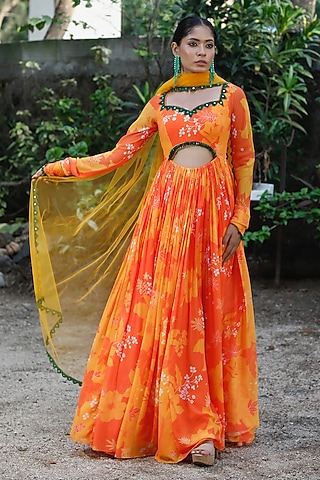 Yellow & Orange Georgette Floral Printed Anarkali Set by Harshita Singhvi
