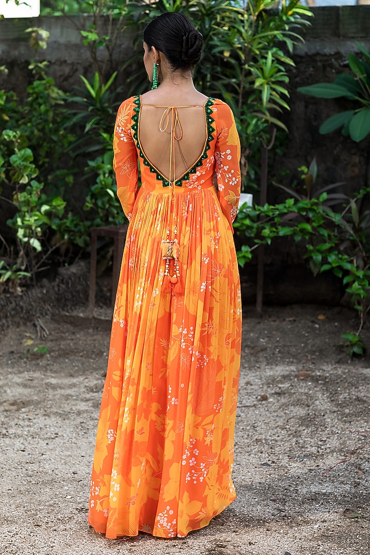 Yellow & Orange Georgette Floral Printed Wedding Anarkali Set by Harshita Singhvi at Pernia's Pop Up Shop