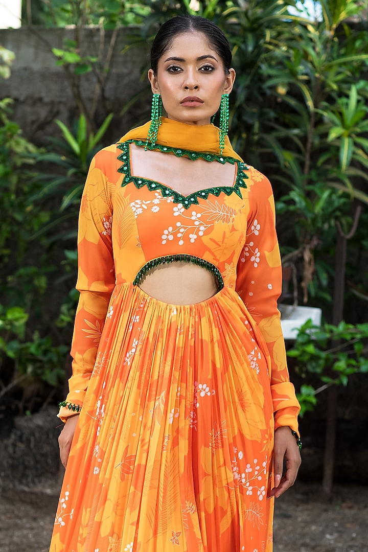 Yellow & Orange Georgette Floral Printed Wedding Anarkali Set by Harshita Singhvi at Pernia's Pop Up Shop