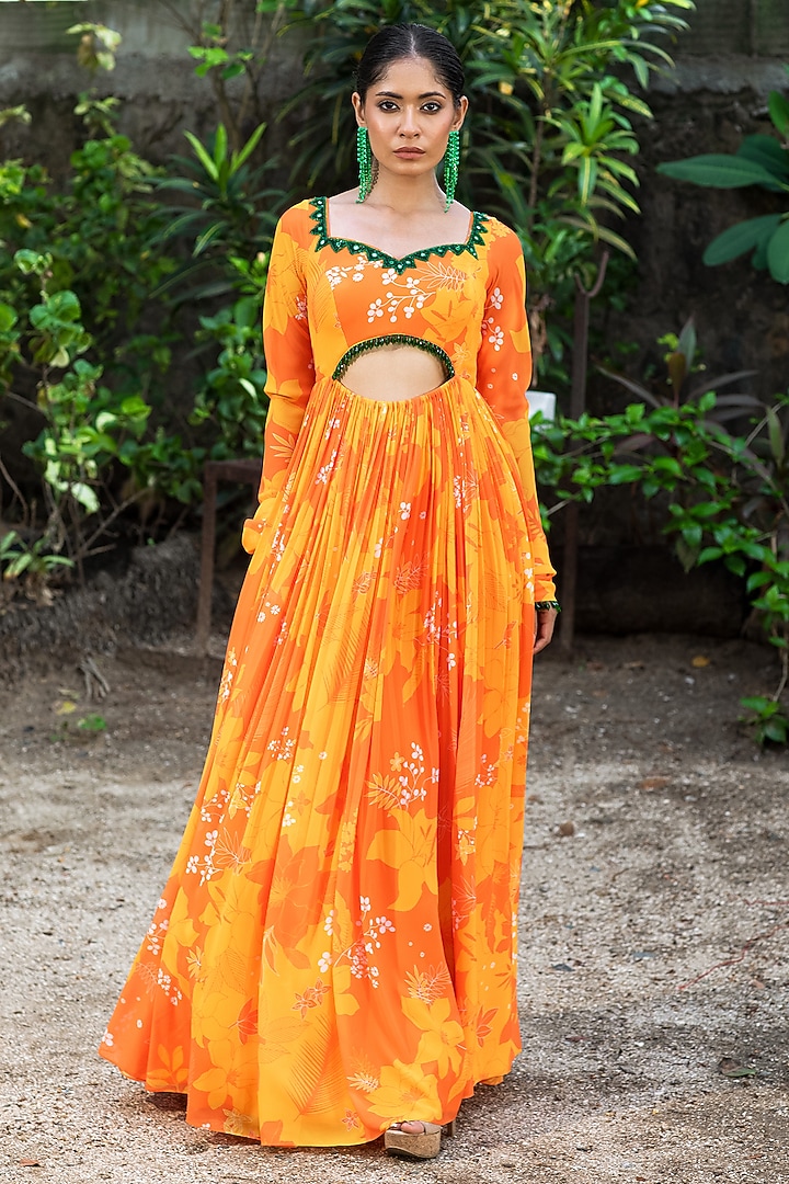 Yellow & Orange Georgette Floral Printed Wedding Anarkali Set by Harshita Singhvi at Pernia's Pop Up Shop