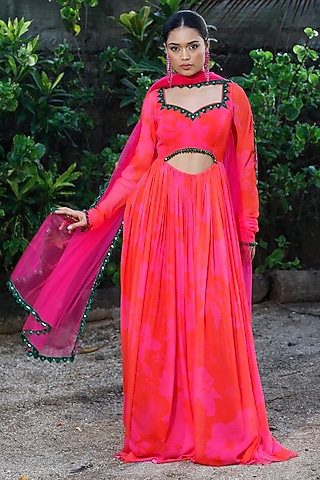 Pink & Red Georgette Floral Printed Anarkali Set by Harshita Singhvi